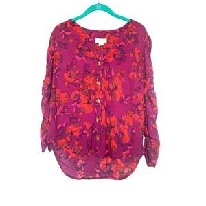 Anthropologie MaEve Purple with Pink/Corral Floral Pattern Button Down Blouse